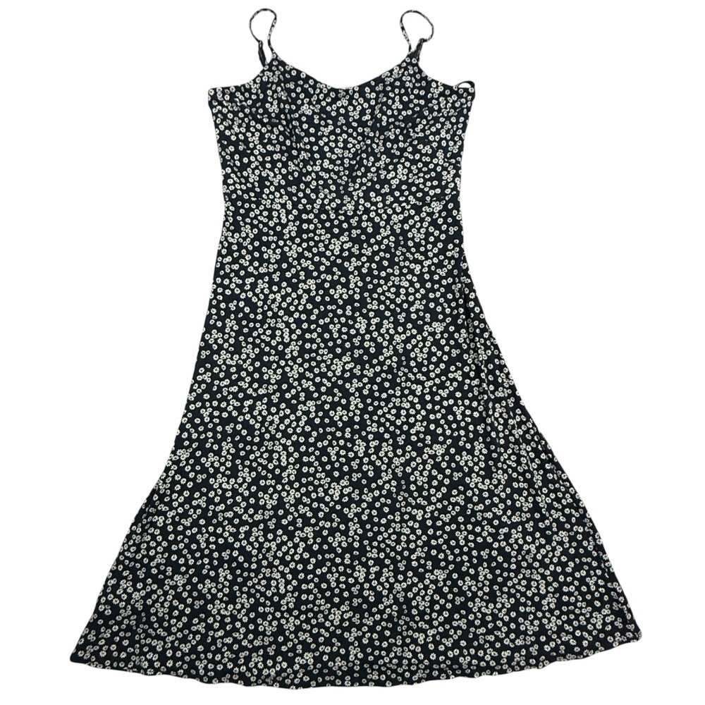 LOFT Midi Dress Womens 8 Black Floral Smocked Back Adjustable Summer Stretch
